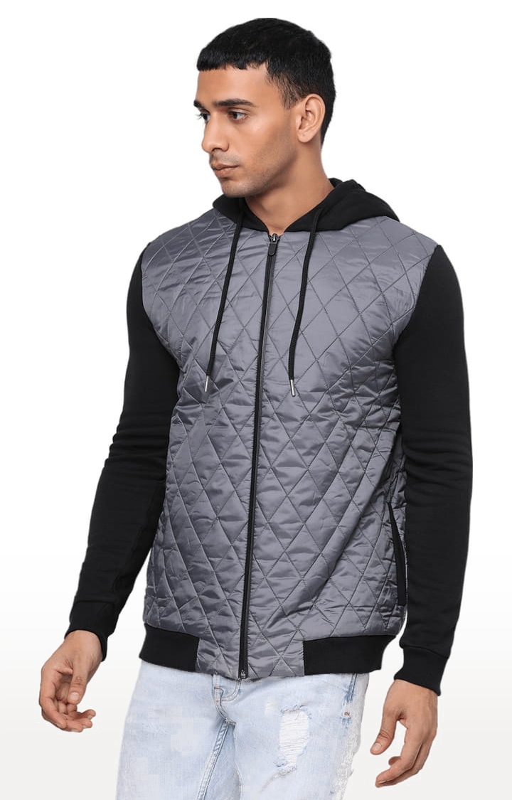 YOONOY | Men's Grey & Black Polyester Quilted Bomber Jacket 3