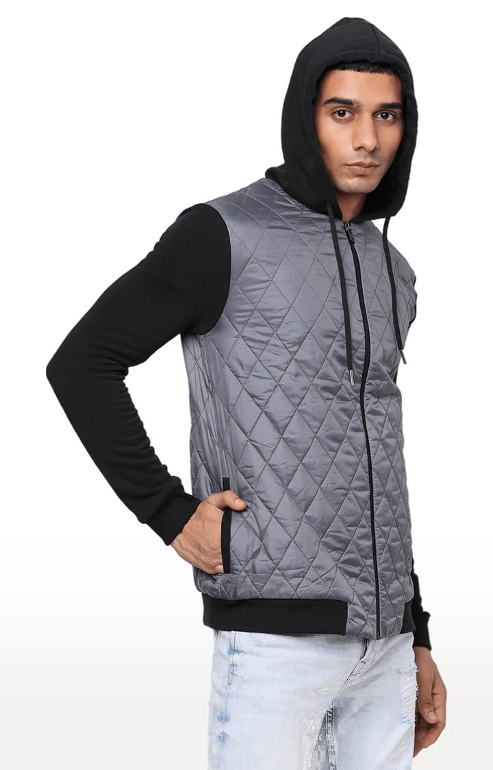 YOONOY | Men's Grey & Black Polyester Quilted Bomber Jacket 2