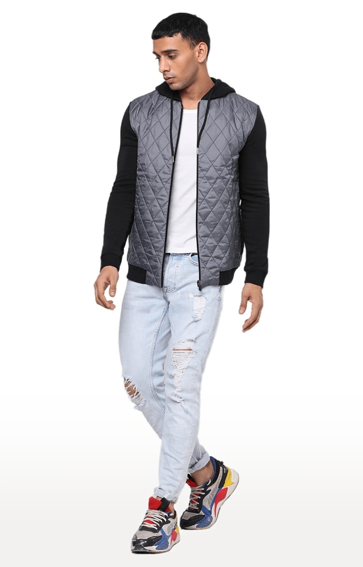 YOONOY | Men's Grey & Black Polyester Quilted Bomber Jacket 1