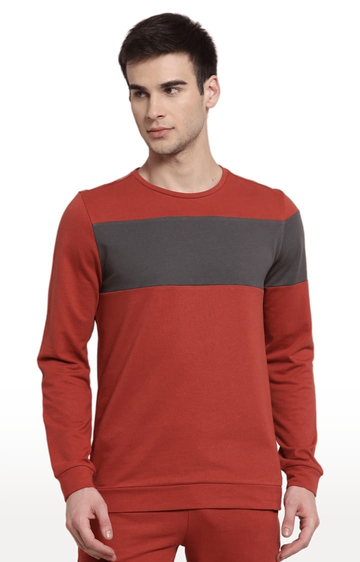 YOONOY | Men's Orange & Grey Cotton Colourblock Sweatshirts 0