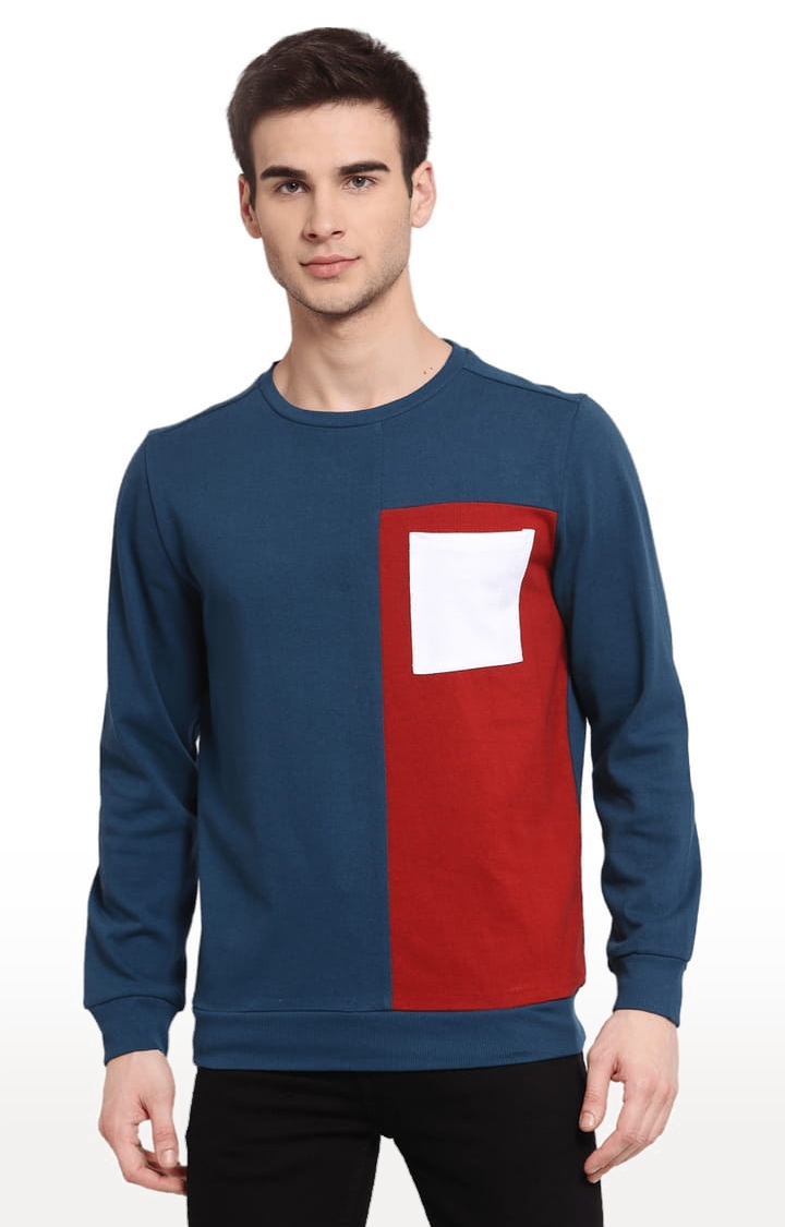 YOONOY | Men's Blue Cotton Colourblock Sweatshirts 0