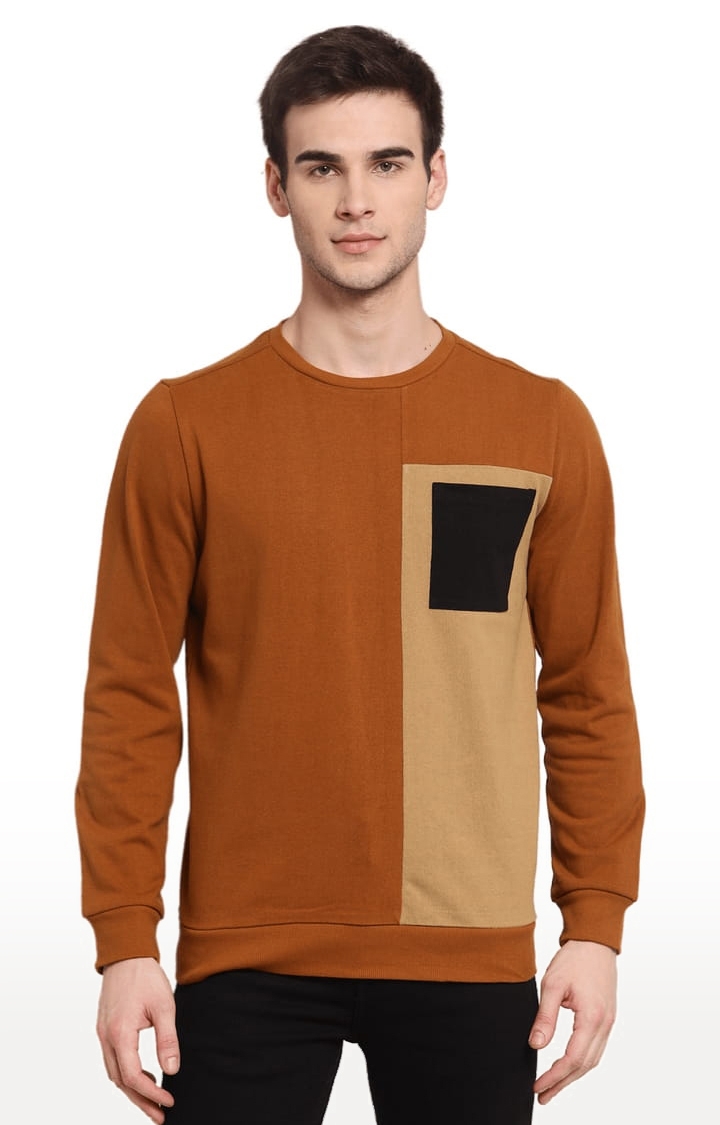 YOONOY | Men's Brown Cotton Colourblock Sweatshirts 0