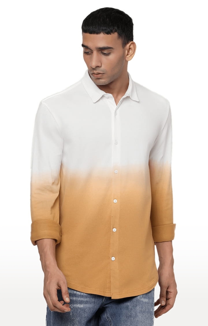 YOONOY | Men's White & Orange Cotton Colourblock Casual Shirt 0
