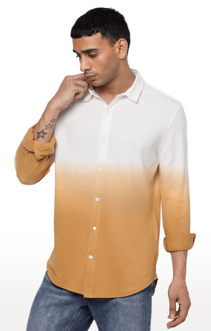 YOONOY | Men's White & Orange Cotton Colourblock Casual Shirt 2