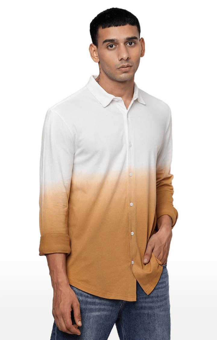 YOONOY | Men's White & Orange Cotton Colourblock Casual Shirt 3
