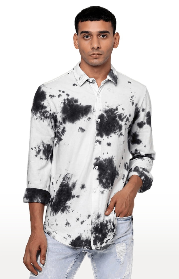 YOONOY | Men's White Cotton Tie Dye Casual Shirt 0