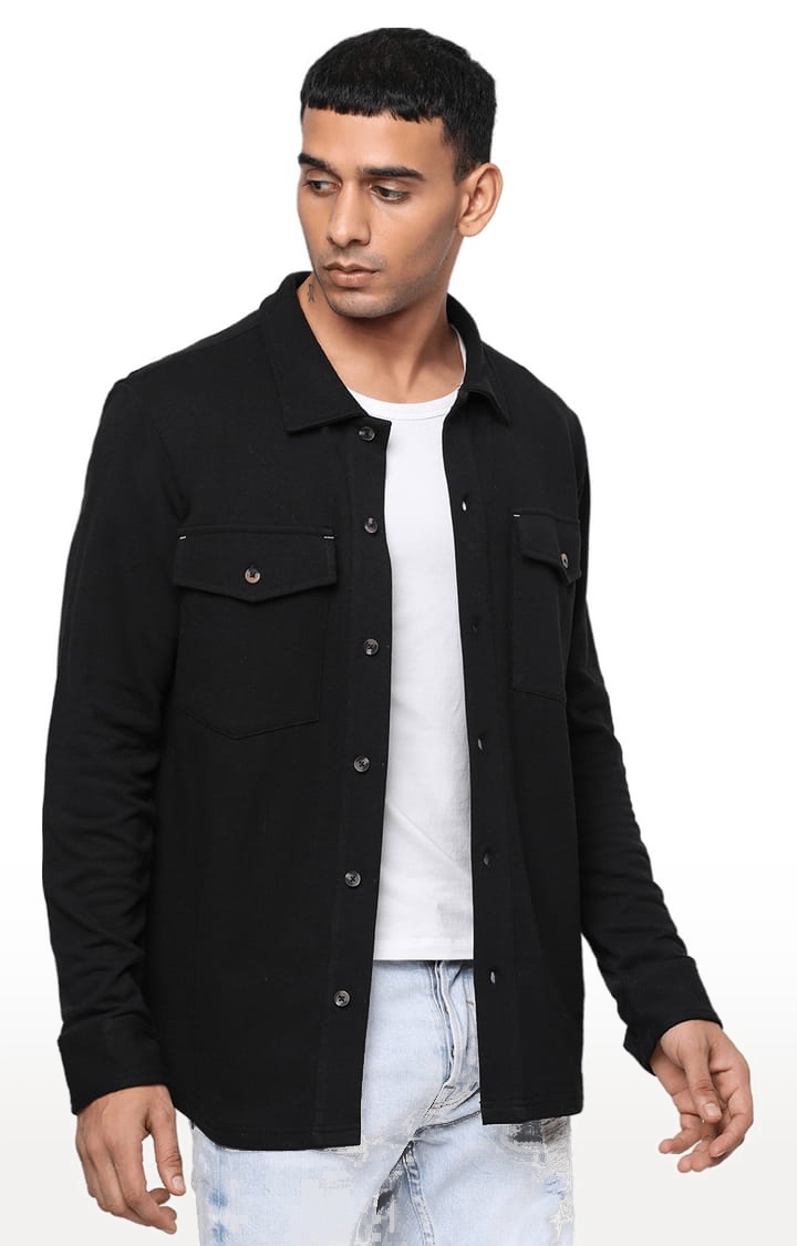 YOONOY | Men's Black Cotton Solid Casual Shirt 2