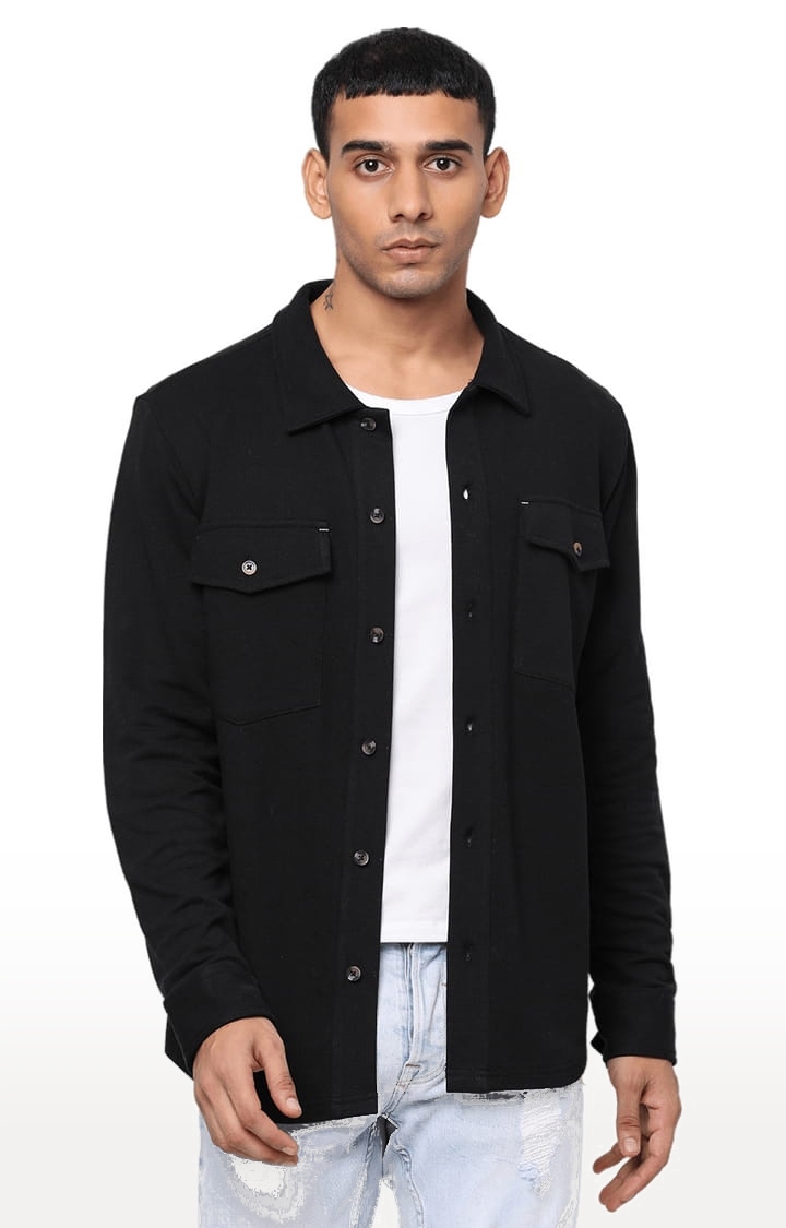 YOONOY | Men's Black Cotton Solid Casual Shirt 0