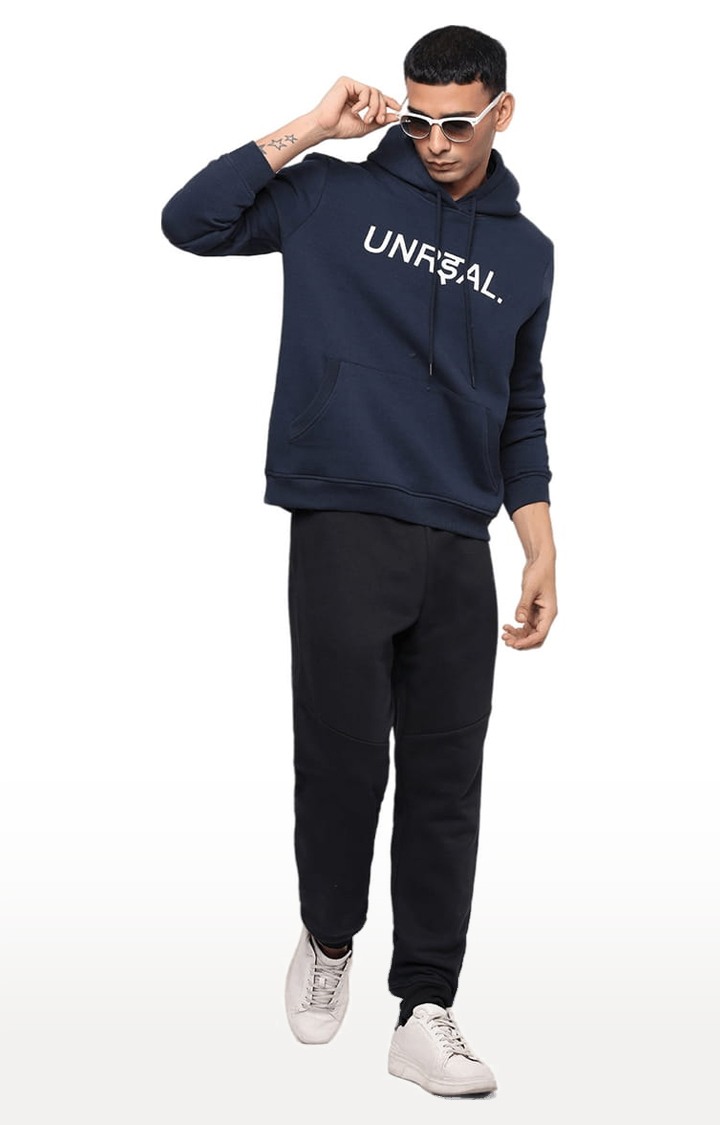 Men's Navy Cotton Typographic Hoodie