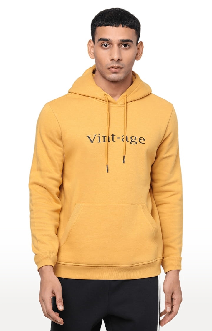 YOONOY | Men's Mustard Cotton Typographic Hoodie