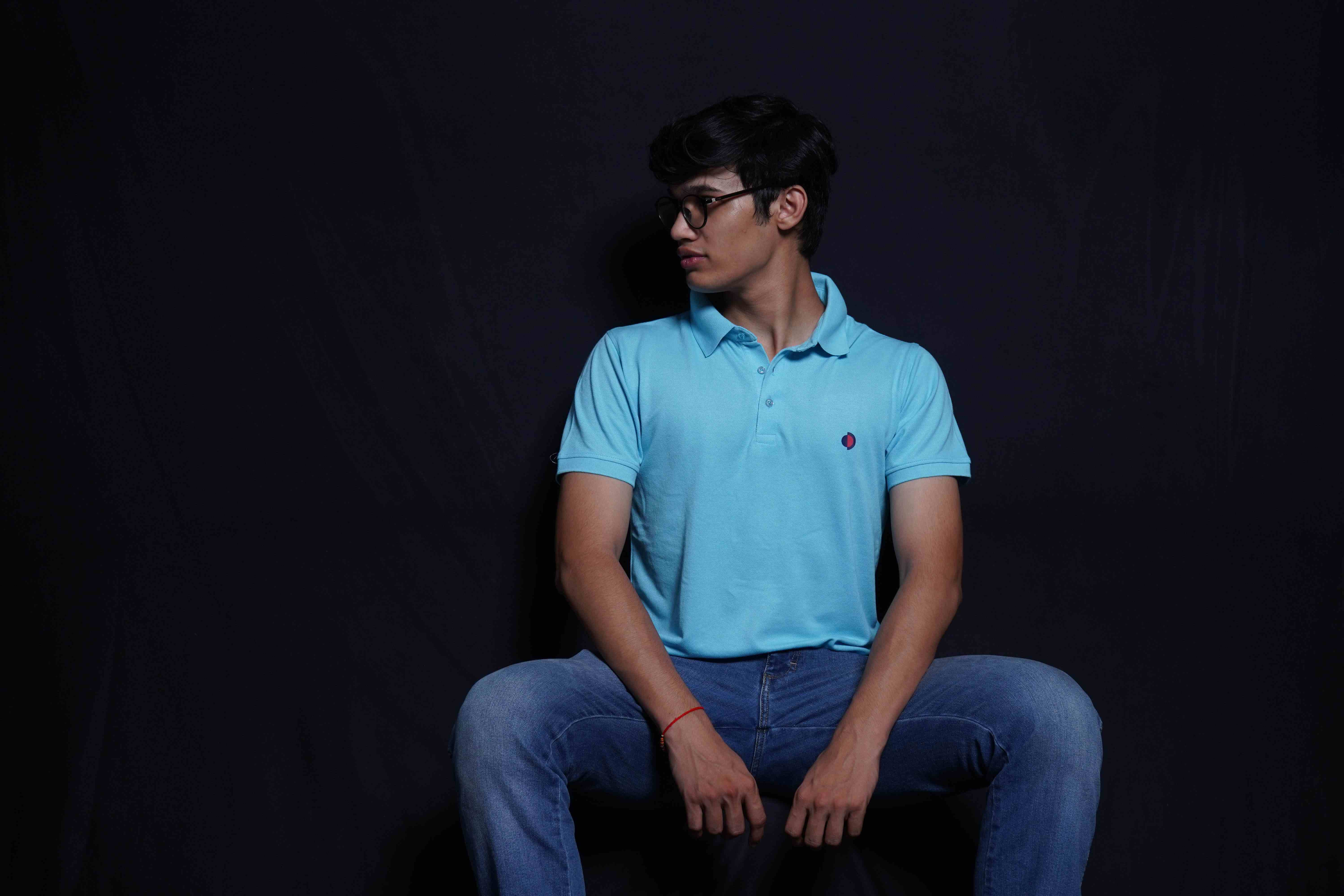 One Denim Evergreen Light Blue Plain Polo Neck Cotton T-Shirt