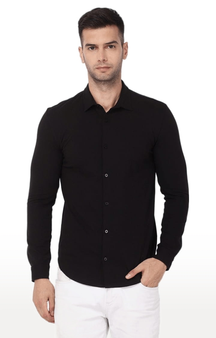 YOONOY | Men's Black Cotton Blend Solid Casual Shirt 0