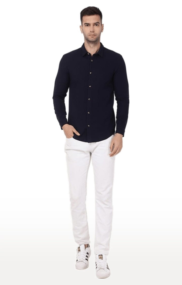 Men's Navy Blue Cotton Blend Solid Casual Shirt