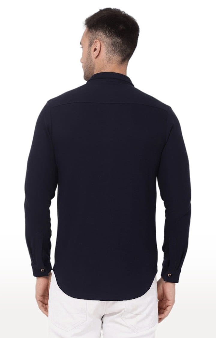 Men's Navy Blue Cotton Blend Solid Casual Shirt