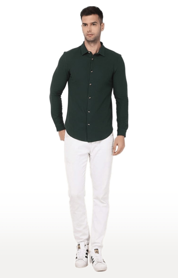 YOONOY | Men's Dark Green Cotton Blend Solid Casual Shirt 1