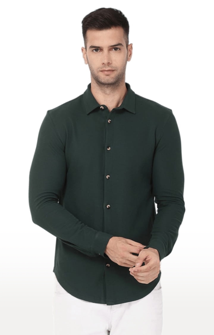 YOONOY | Men's Dark Green Cotton Blend Solid Casual Shirt 0
