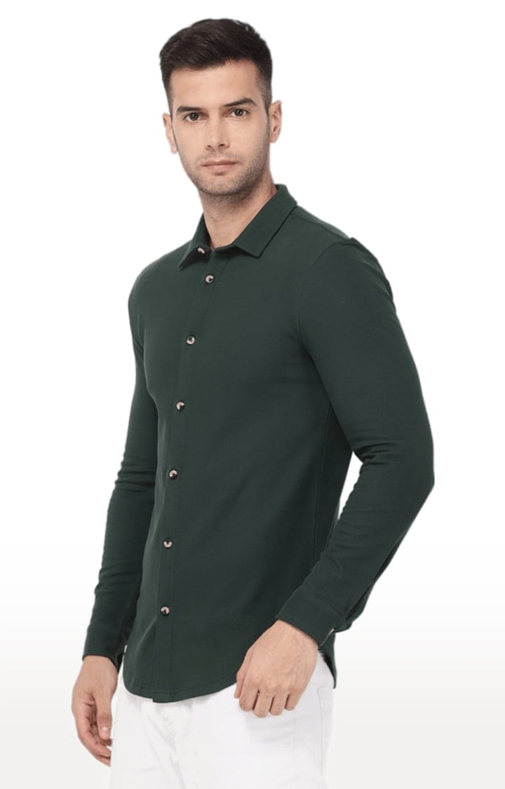 YOONOY | Men's Dark Green Cotton Blend Solid Casual Shirt 2