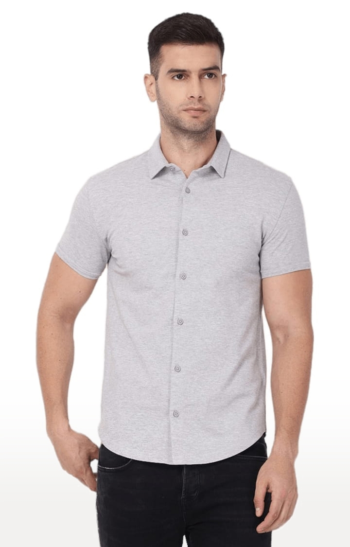 YOONOY | Men's Grey Cotton Blend Solid Casual Shirt 0
