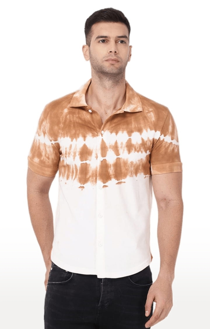 YOONOY | Men's White & Brown Cotton Blend Tie Dye Casual Shirt 0