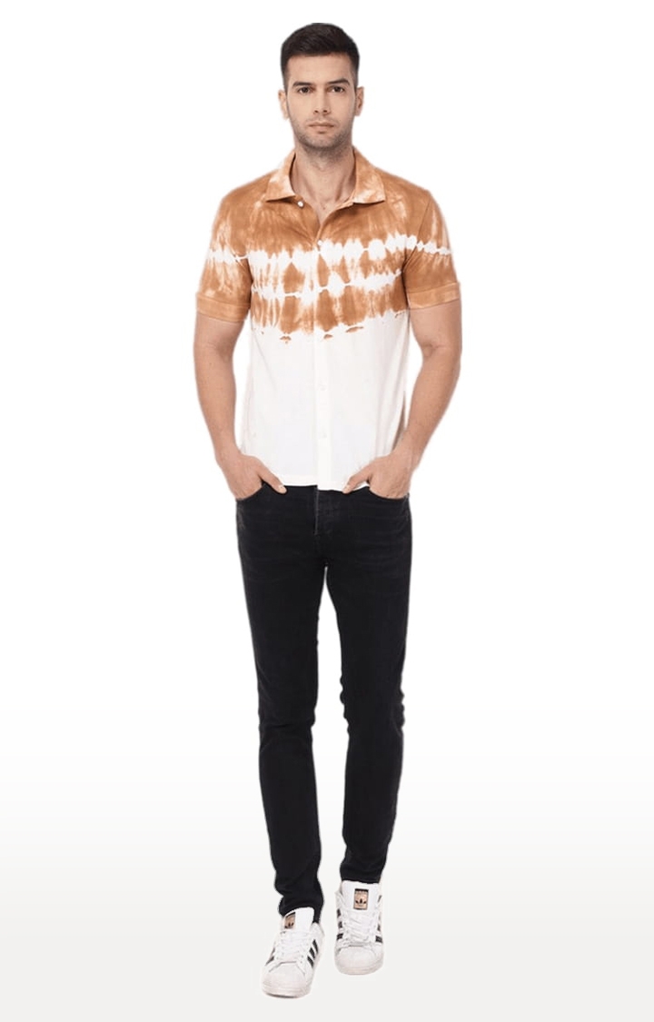 YOONOY | Men's White & Brown Cotton Blend Tie Dye Casual Shirt 1