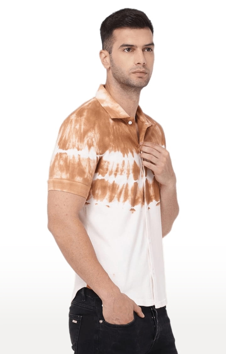 YOONOY | Men's White & Brown Cotton Blend Tie Dye Casual Shirt 3