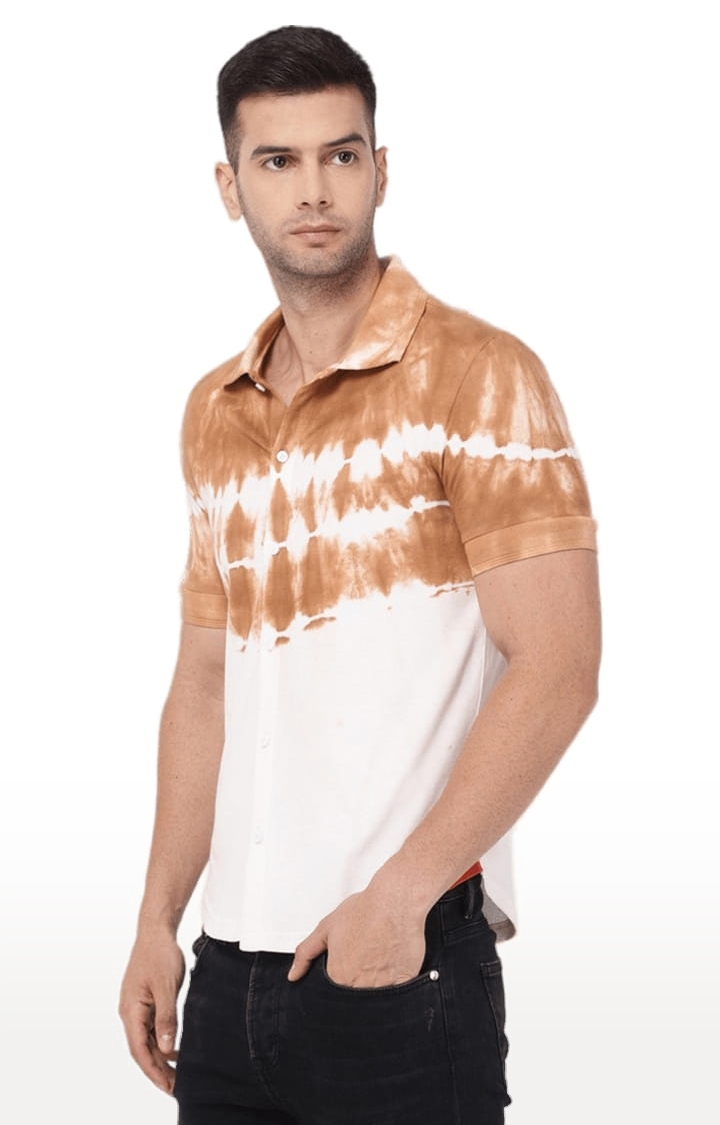 YOONOY | Men's White & Brown Cotton Blend Tie Dye Casual Shirt 2