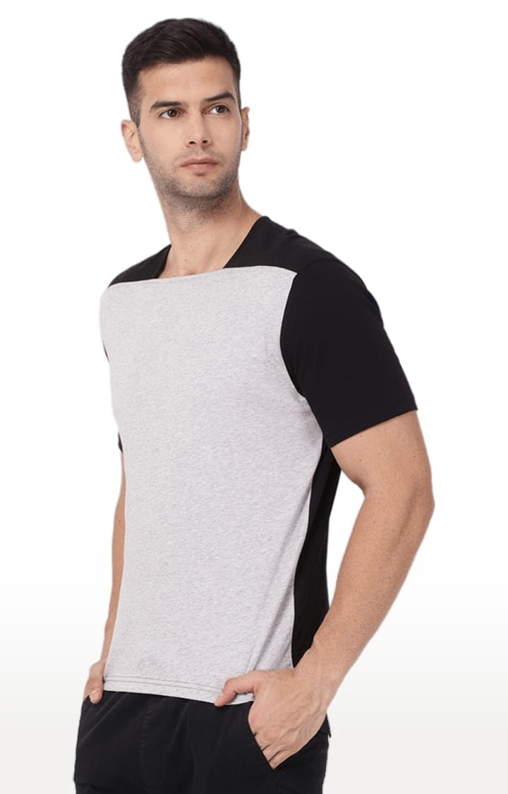 YOONOY | Men's Grey and Black Cotton Colourblock Regular T-Shirt 2