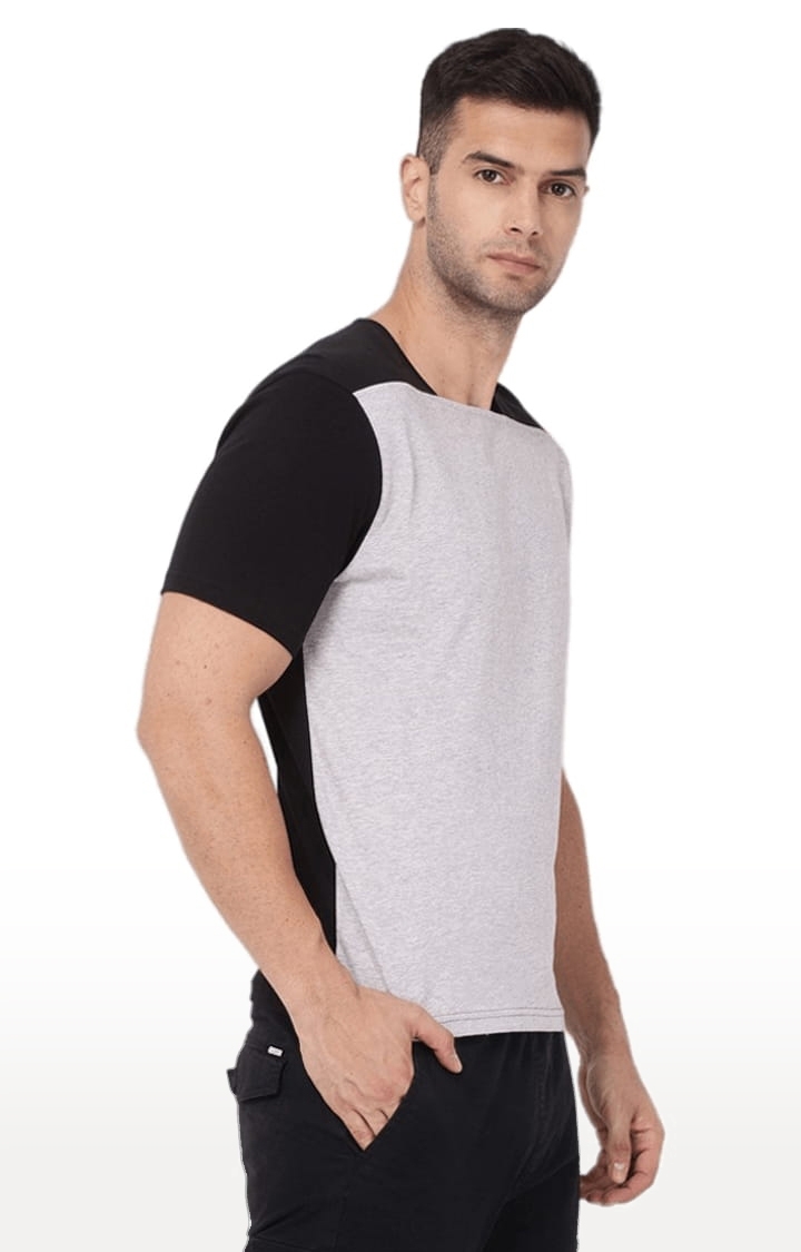 YOONOY | Men's Grey and Black Cotton Colourblock Regular T-Shirt 3