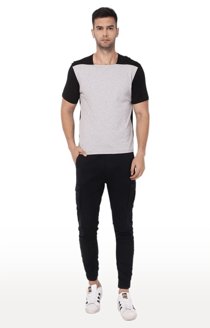 YOONOY | Men's Grey and Black Cotton Colourblock Regular T-Shirt 1