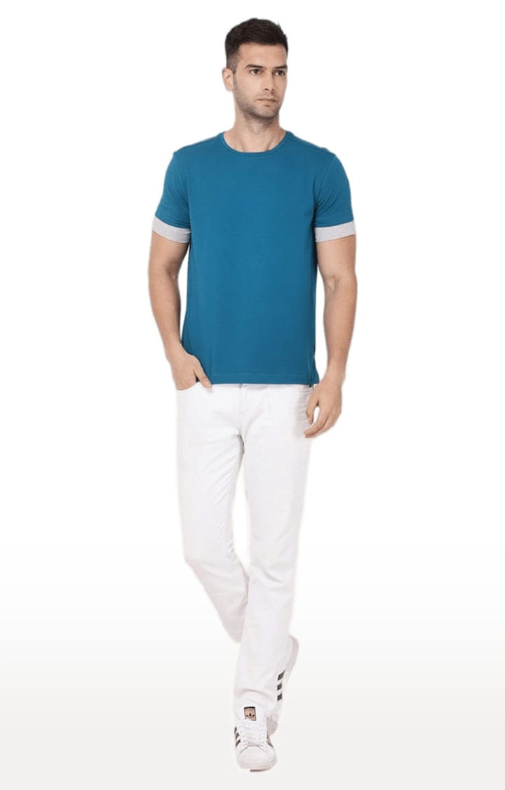 YOONOY | Men's Blue Cotton Solid Regular T-Shirt 1