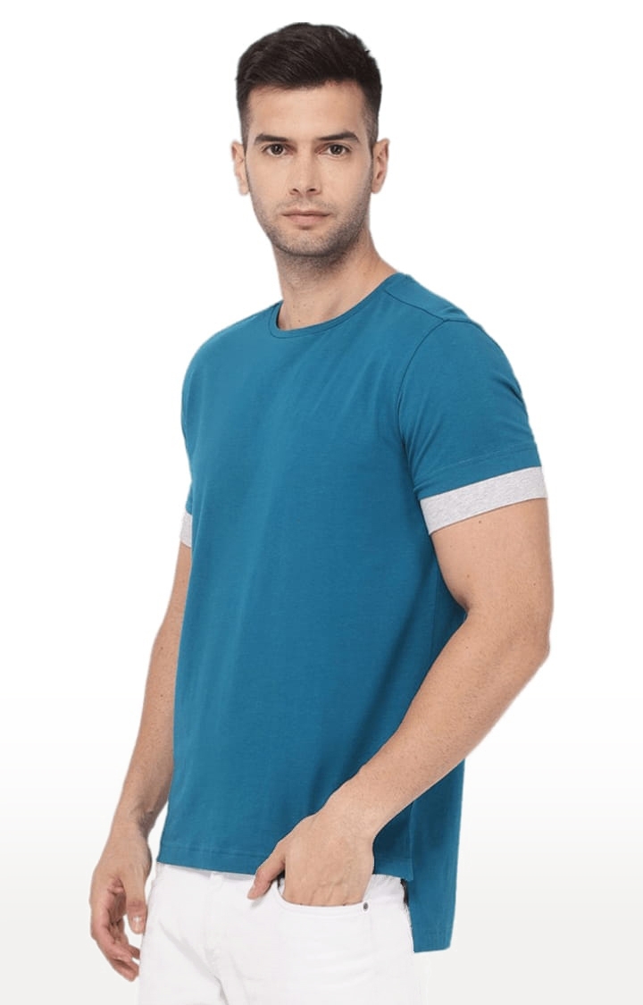 YOONOY | Men's Blue Cotton Solid Regular T-Shirt 2