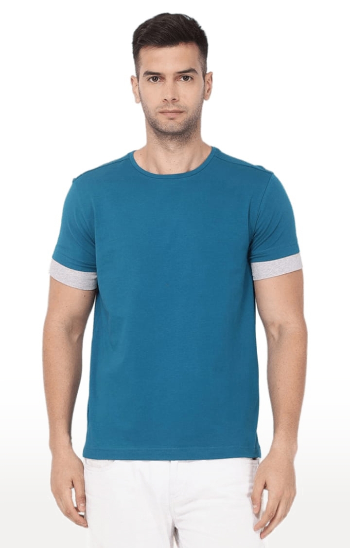 YOONOY | Men's Blue Cotton Solid Regular T-Shirt 0