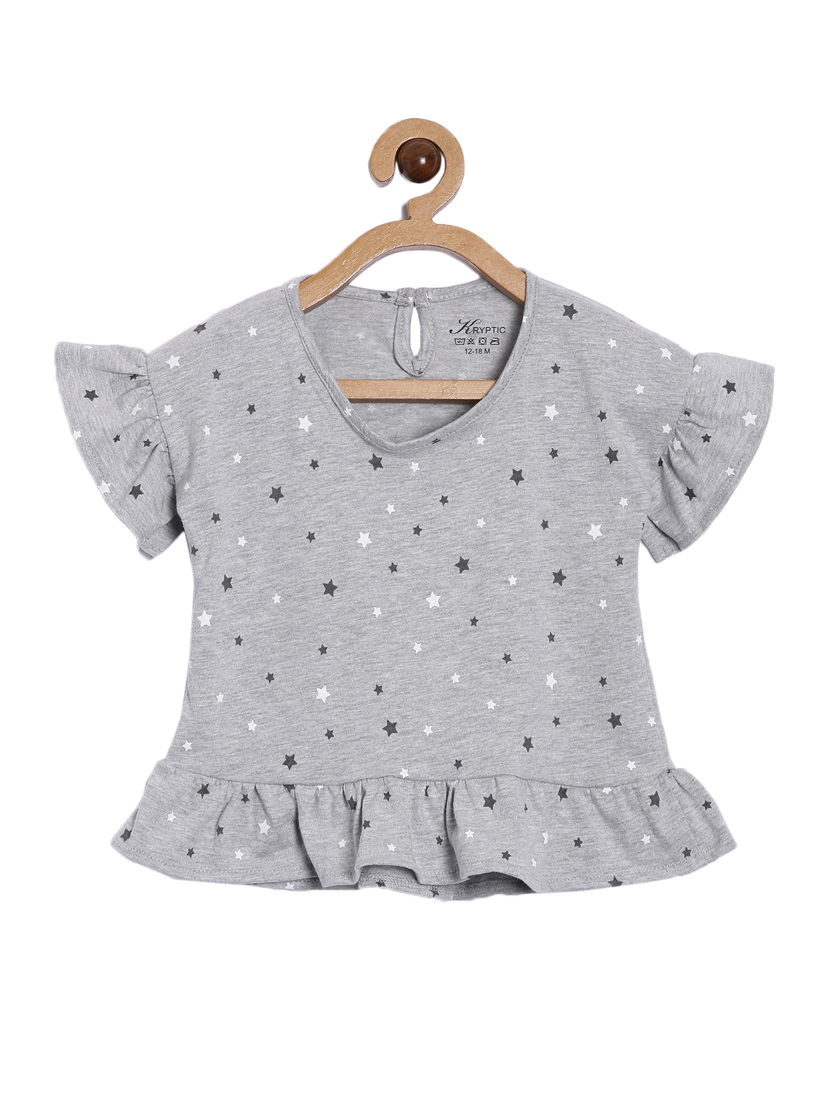 Kryptic | Kryptic Infant Girls Grey Melange Printed Bell Sleeves Pure Cotton Peplum Top 0