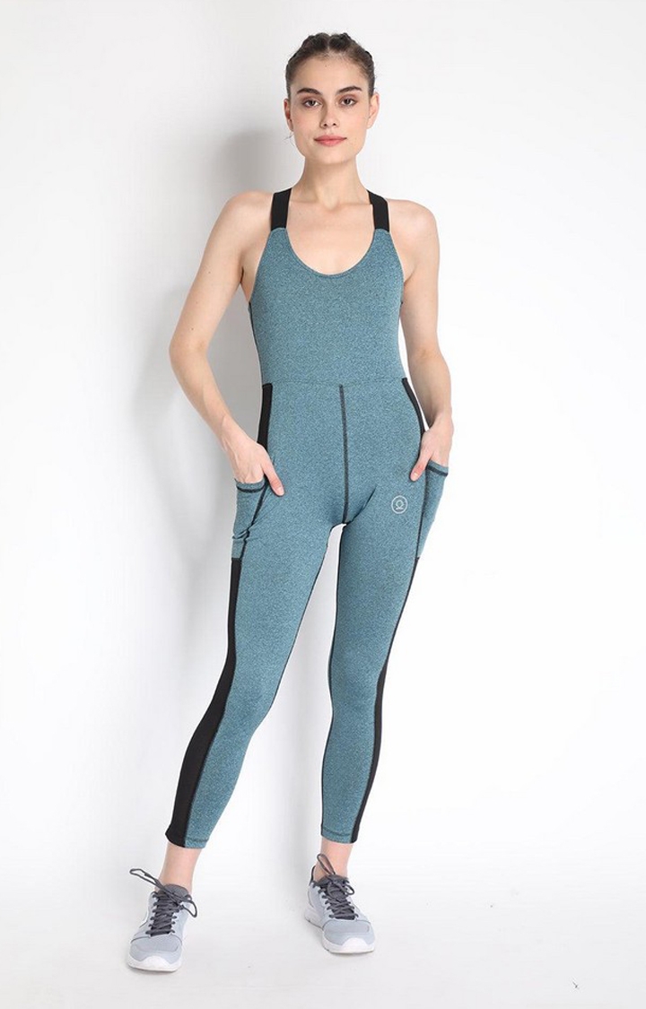 CHKOKKO | Women's Green Melange Textured Polyester Jumpsuits