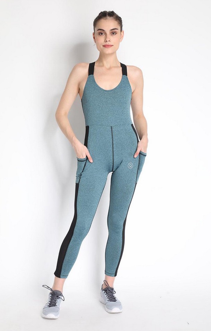 Women's Green Melange Textured Polyester Jumpsuits