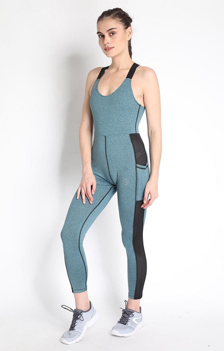 CHKOKKO | Women's Green Melange Textured Polyester Jumpsuits 1