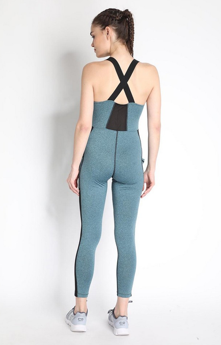 CHKOKKO | Women's Green Melange Textured Polyester Jumpsuits 3