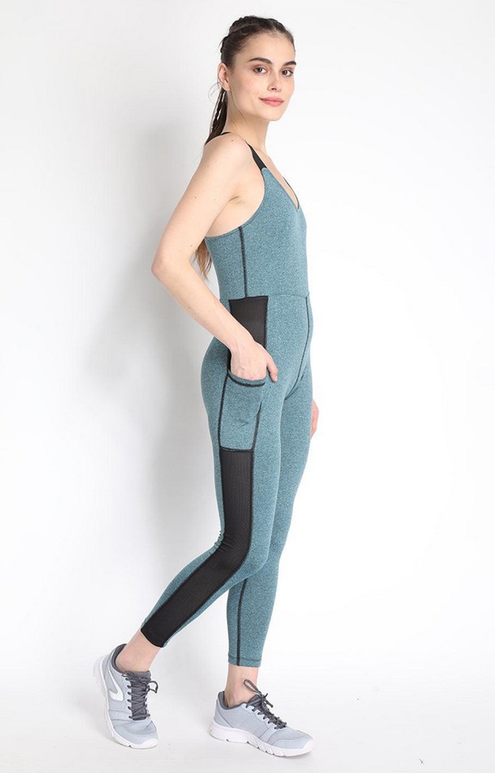 CHKOKKO | Women's Green Melange Textured Polyester Jumpsuits 2