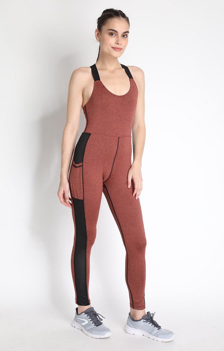 Women's Brown Melange Textured Polyester Jumpsuits
