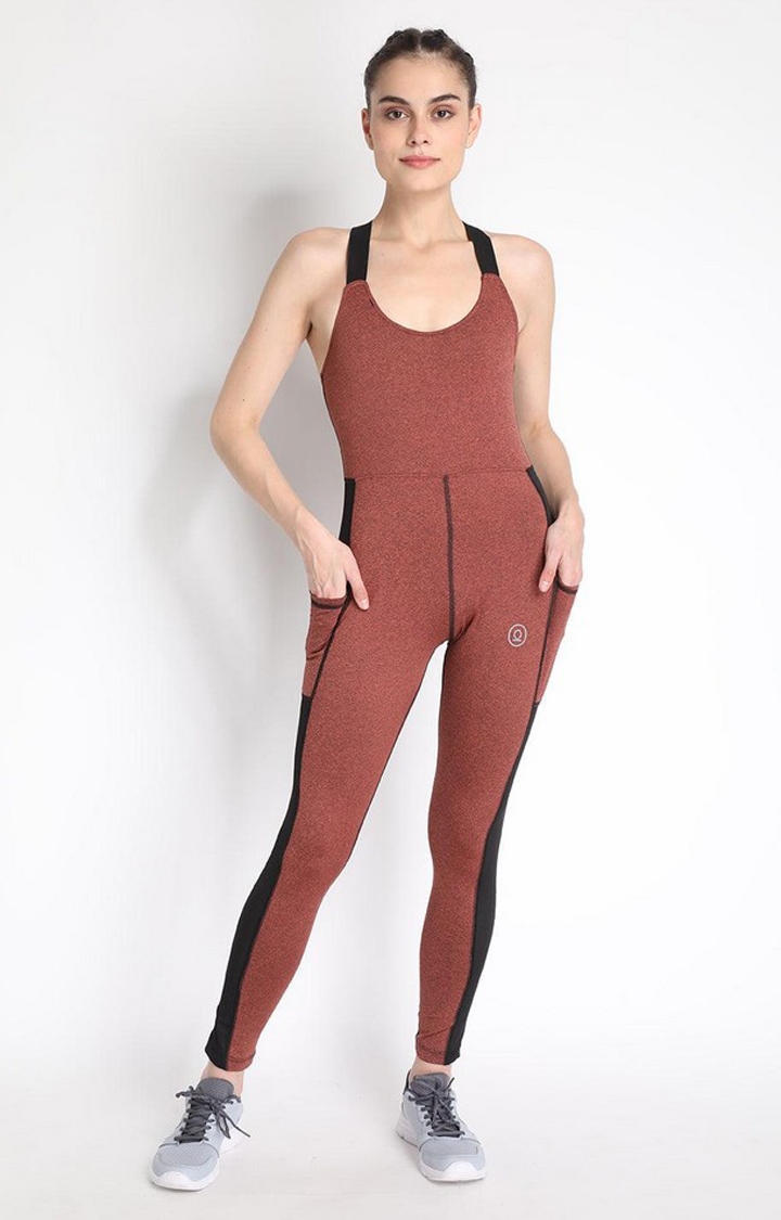 CHKOKKO | Women's Brown Melange Textured Polyester Jumpsuits