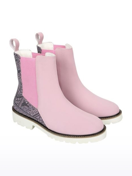 Women's Pink Printed Closed Toe PU Boots