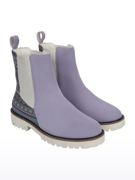 Women's Purple Printed Closed Toe PU Boots