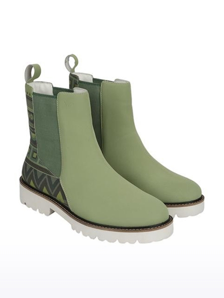 Women's Green Printed Closed Toe PU Boots