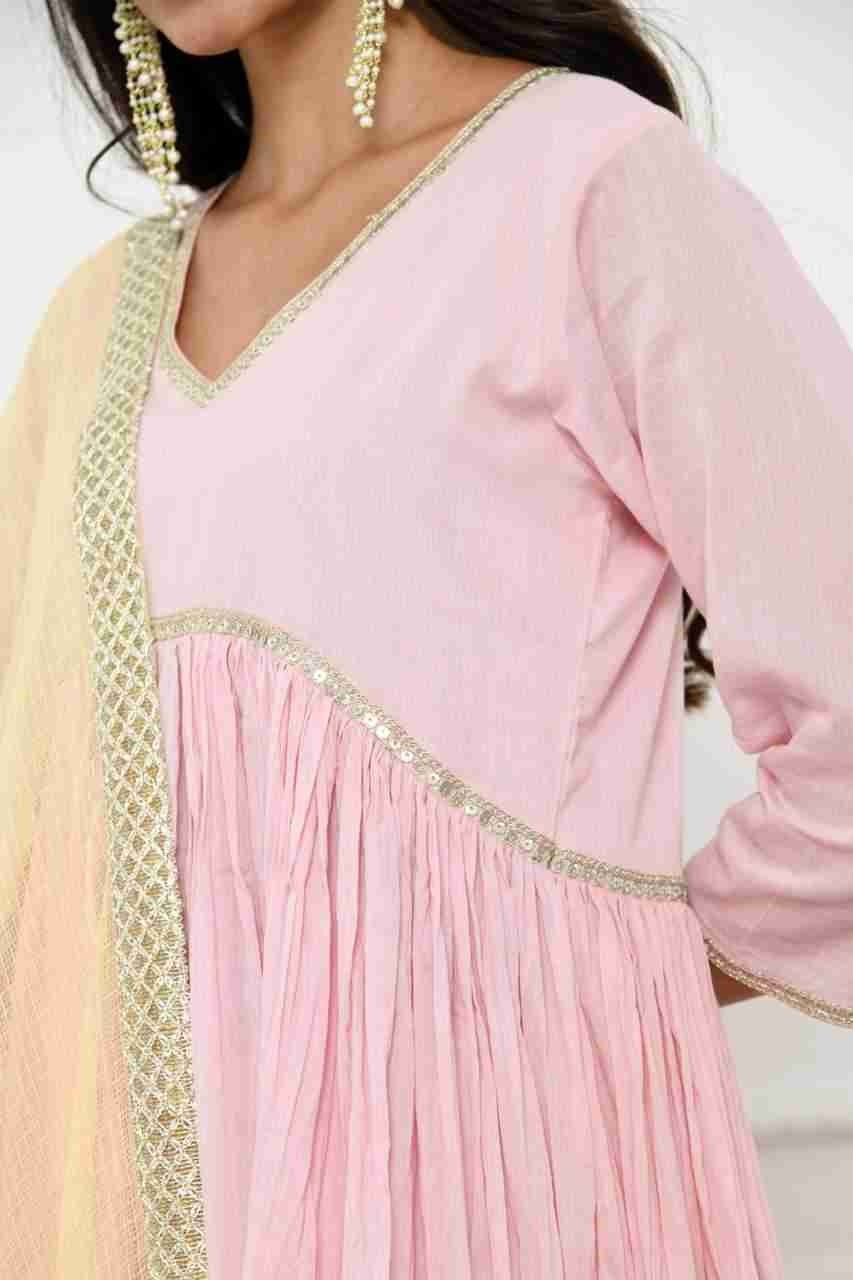 Naksh Pink Solid Voile Kurta, Pants & Tricolour Dupatta (Set of 3)