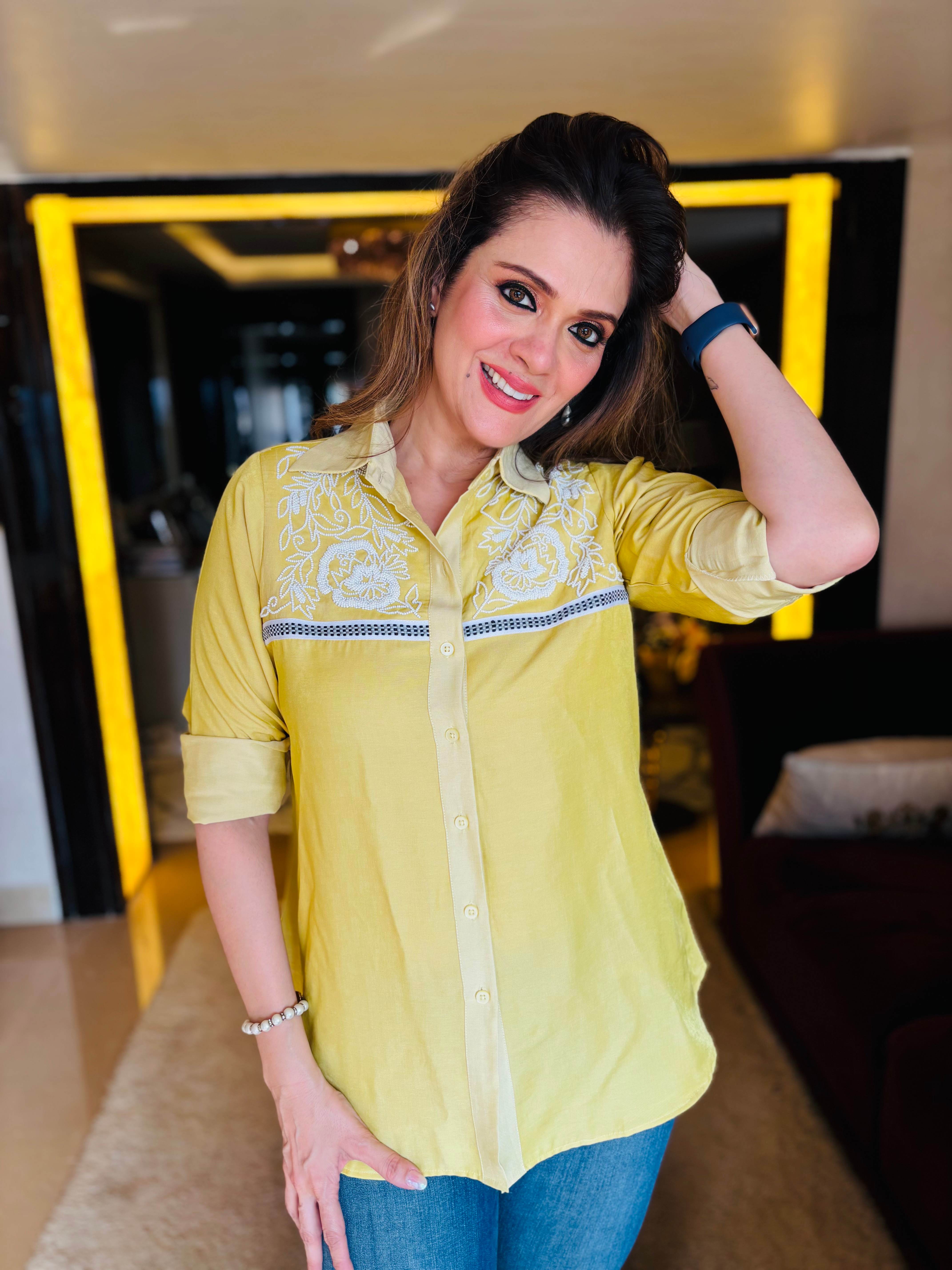 yellow pearl embroidered Shirt