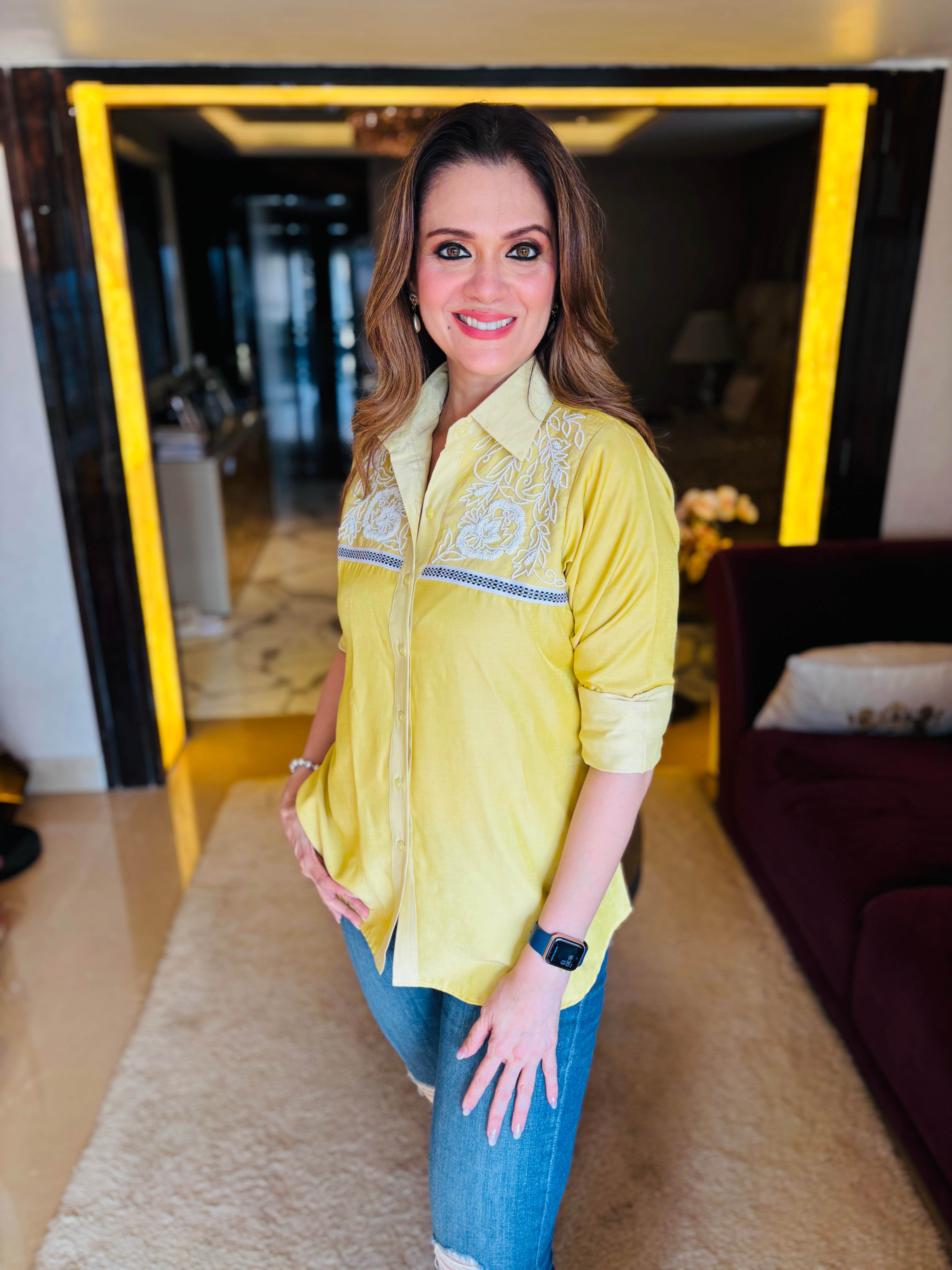 yellow pearl embroidered Shirt