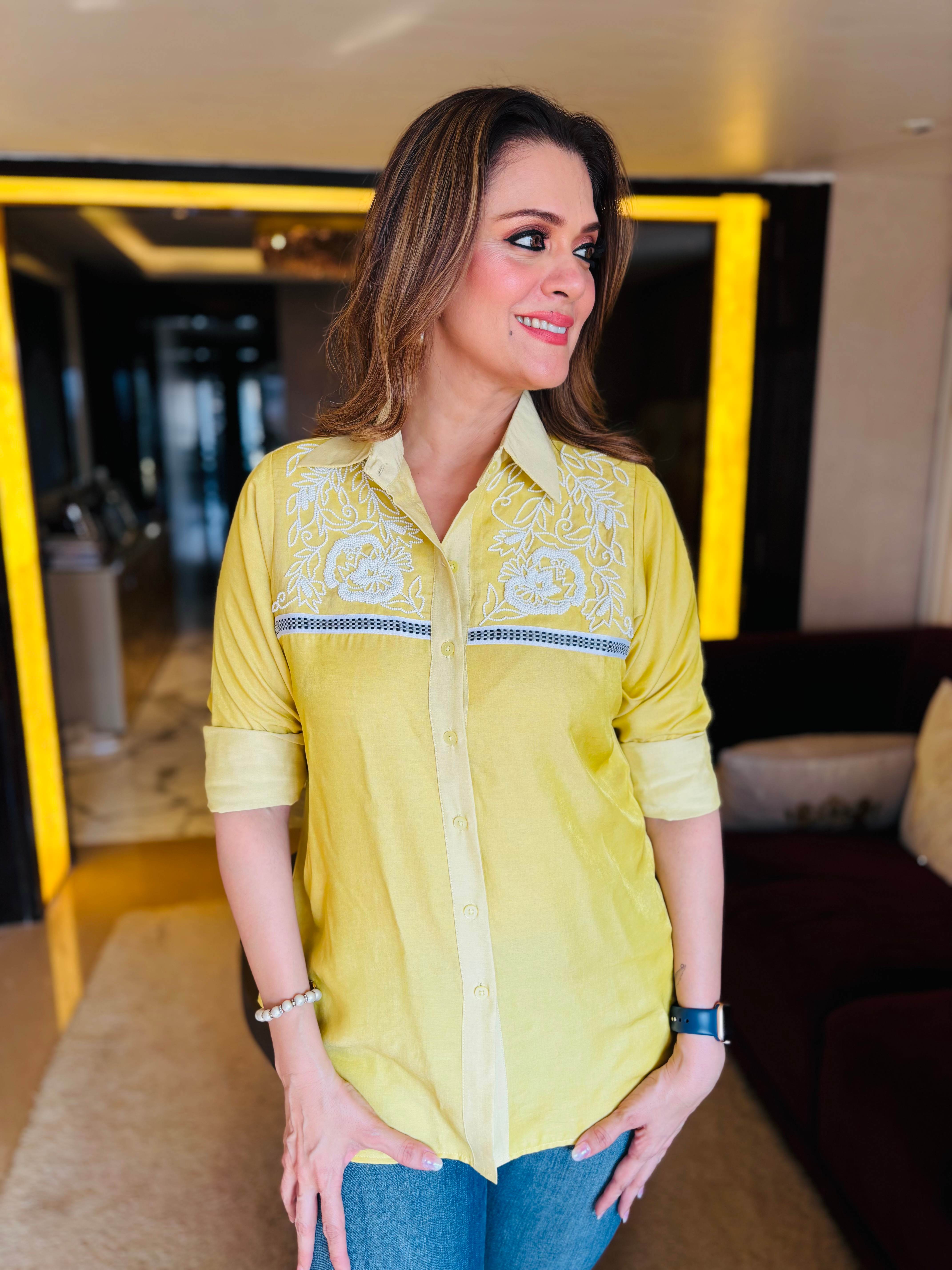 yellow pearl embroidered Shirt
