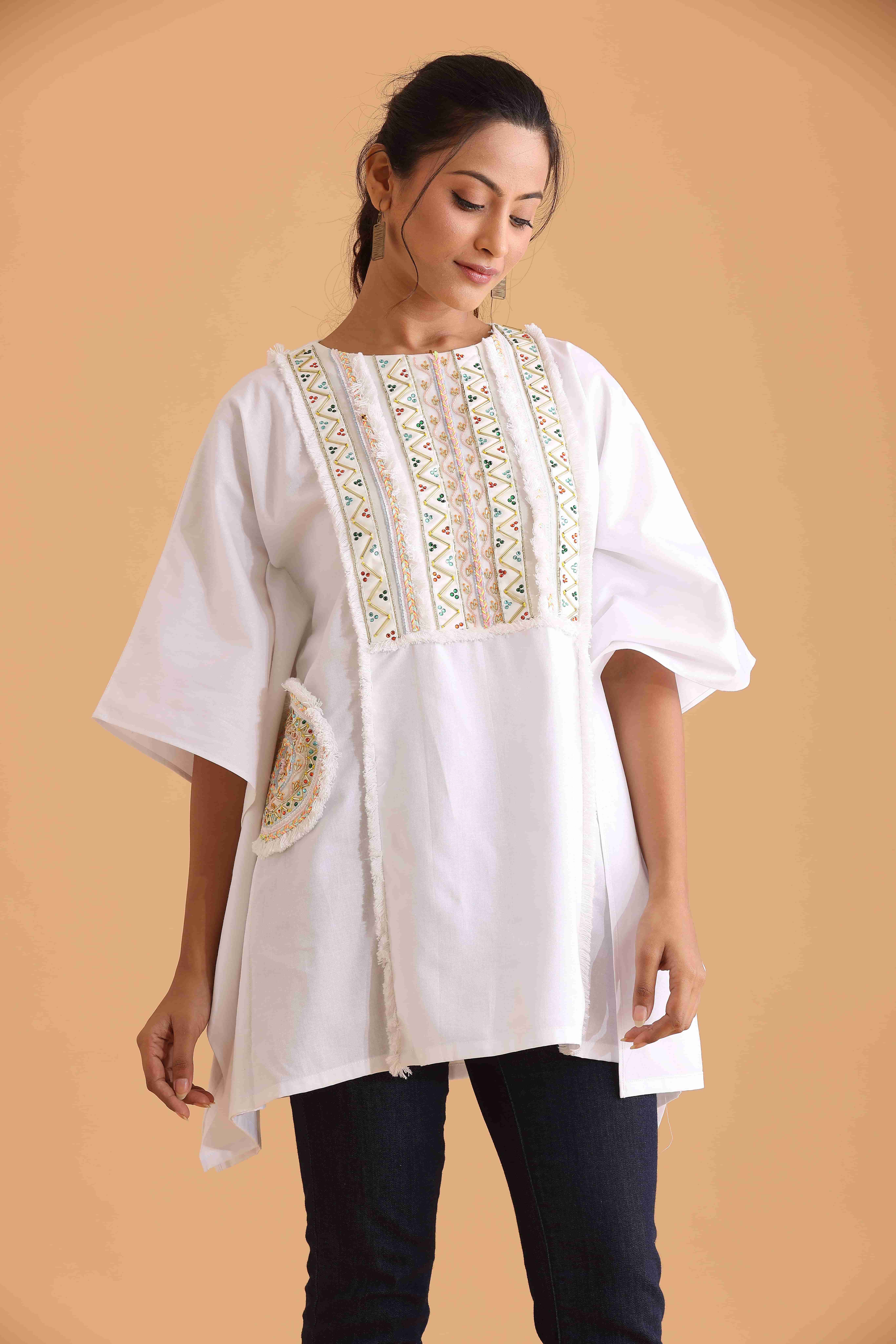 White Boxy Fit Tunic with Embroidery