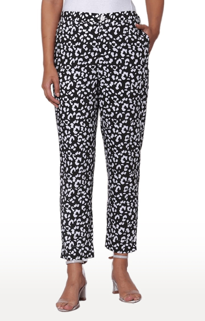 YOONOY | Women's Black and White Cotton Blend Printed Casual Pant