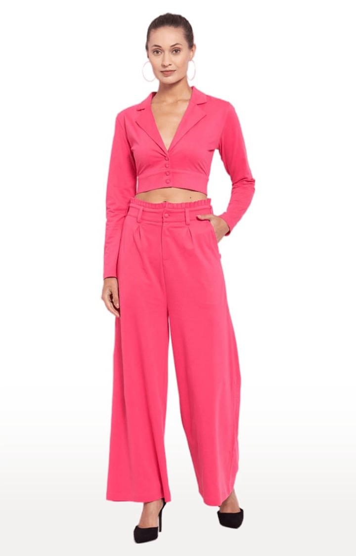 Women's Pink Cotton Solid Cropped Blazes